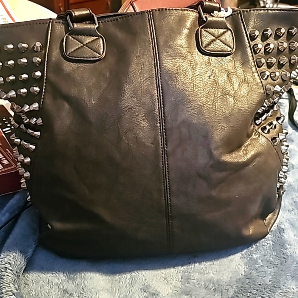 New, Under One Sky Designer Large Hobo Style Leather Bag, Silvertone Metal Studs